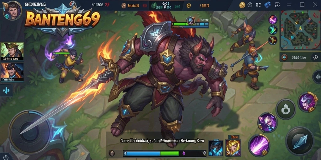 Screenshot gameplay BANTENG69 menunjukkan pertempuran seru antar tim MOBA.