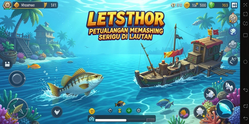 Screenshot menunjukkan karakter memancing di laut biru yang indah.