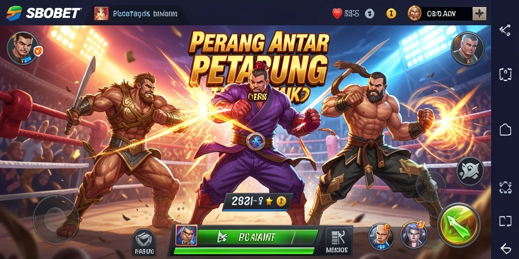 Screenshot utama SBOBET menunjukkan karakter bertarung di arena dengan latar belakang yang memukau.