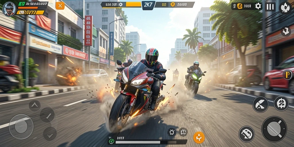Tampilan gameplay balapan motor yang seru dan mendebarkan.